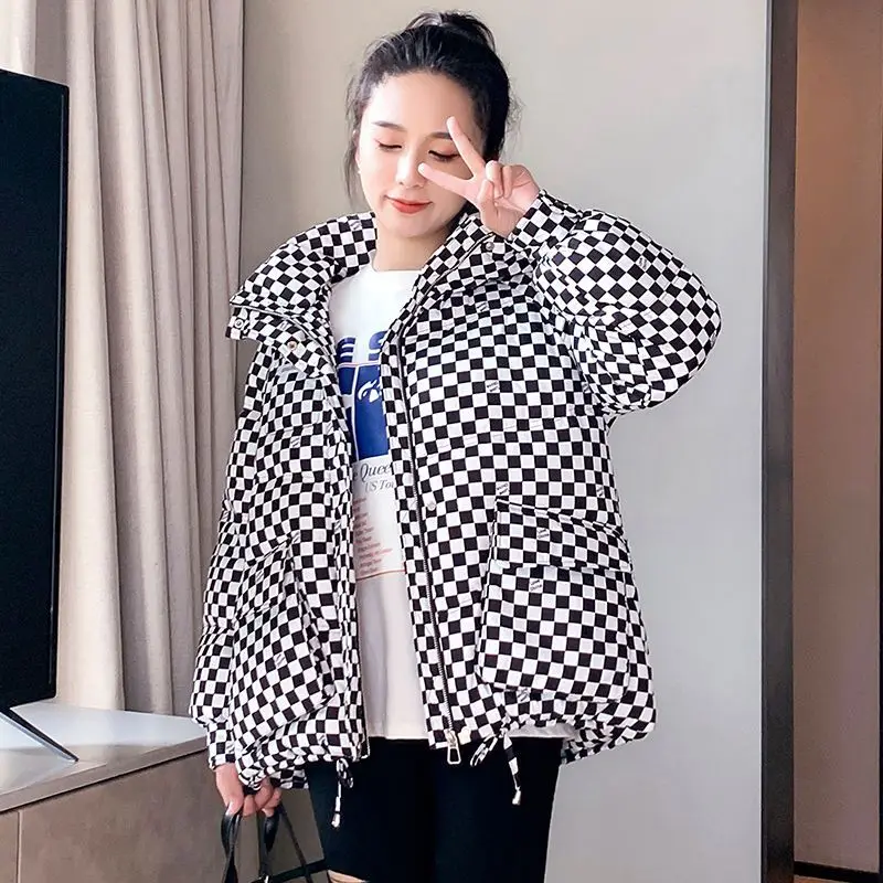 2022 New Winter Plaid Jacket Parkas Women Glossy Down Cotton Jackets Hooded Parka Warm Female Cotton Padded Casual Outwear Tops