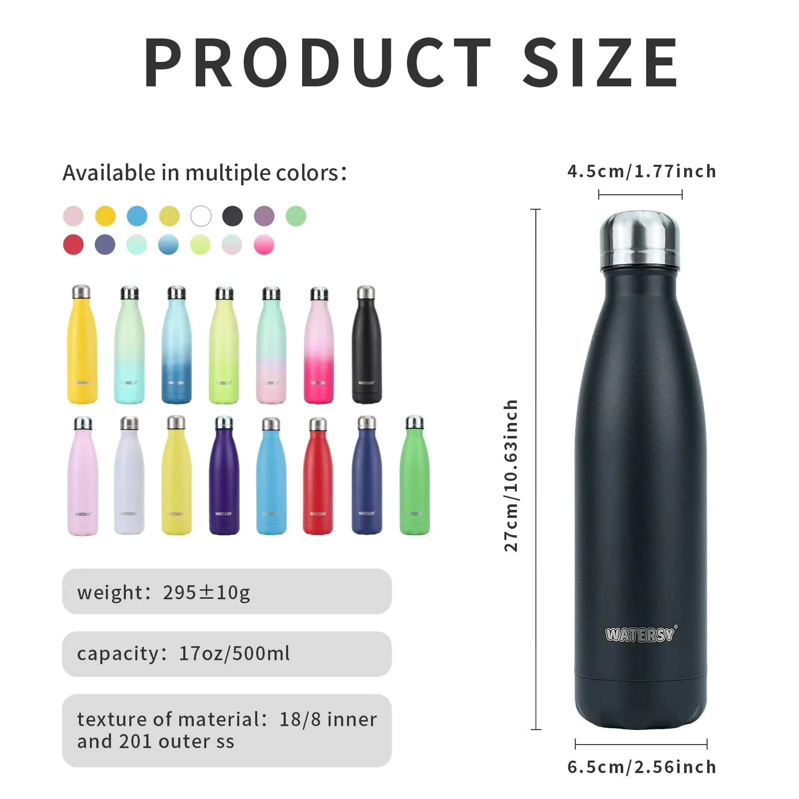 1pc, -17oz/500ml, Watersy Insulated Stainless Steel Water Bottle - Keep Drinks Cold for 24 Hours and Hot for 12 Hours - Perfect