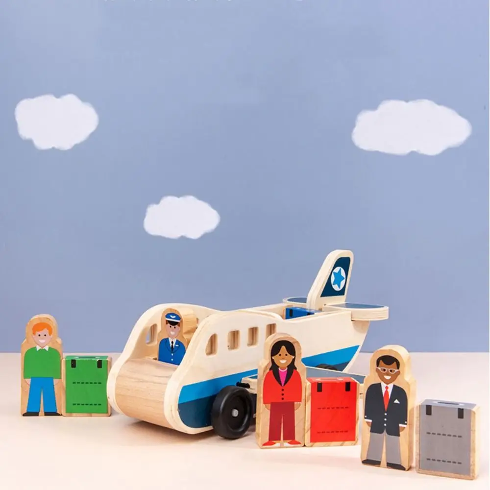 

Building Blocks Wooden Passenger Plane Set Simulation Trailer Double Layer Car Model Interactive Passengers