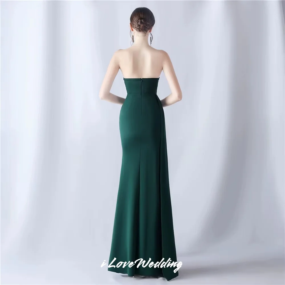 Elegant Green Strapless Evening Dresses 2025 Satin Sleeveless Beaded Crystal Pleated Mermaid Side Split Floor-Length Customized