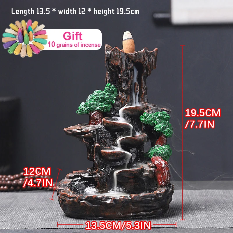 Resin Incense Burner Mountains River Waterfall Incense Burner Fountain Backflow Aroma Smoke Censer Holder Office Home Decoration