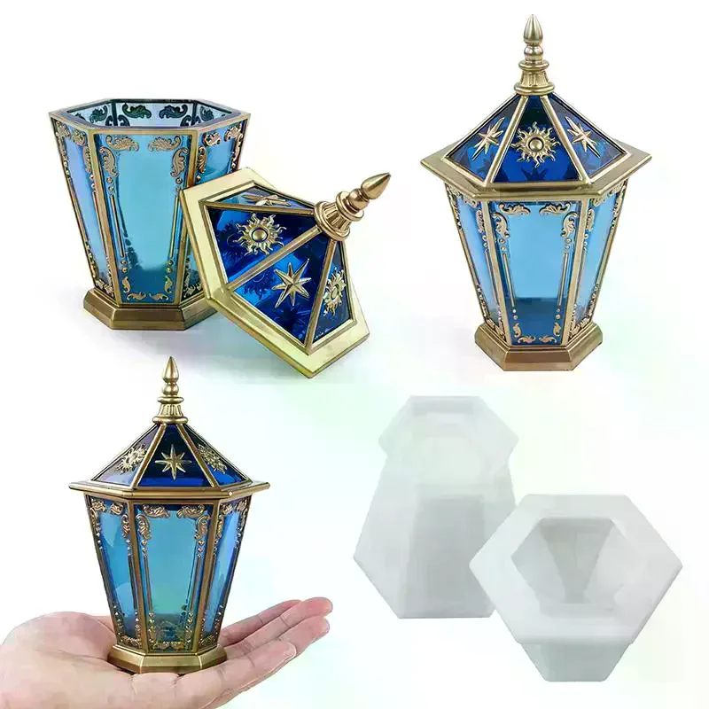 DIY Lighthouse Silicone Mold With Lid Crystal Epoxy Resin Star Moon Hexagon Crystal Cluster Mirror Storage Box Mold Home Decor