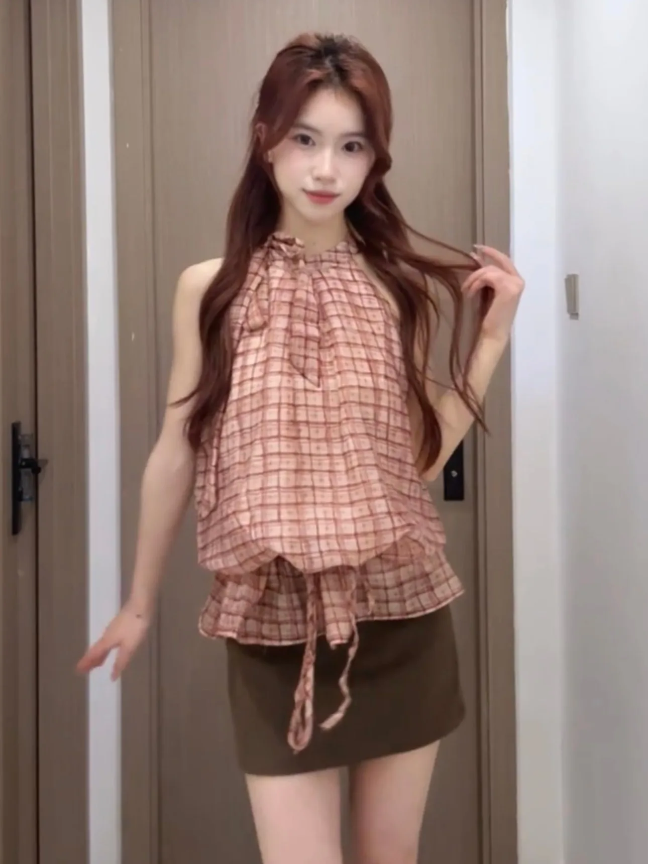 

Red Plaid Off-Shoulder Drawstring Neck Women's Summer Loose Slimming Gentle Style Shirt Cotton Polyester Blend Sleeveless