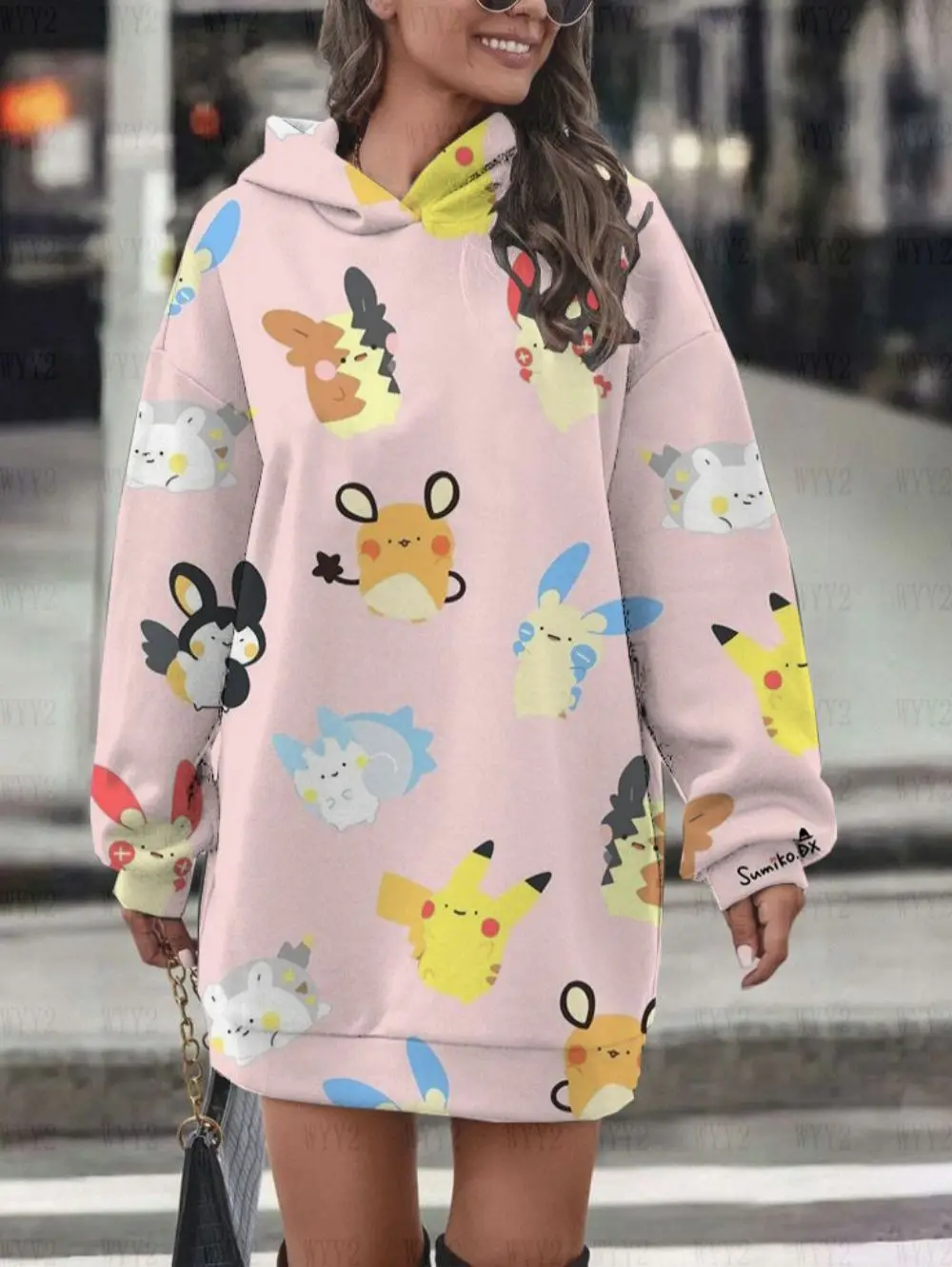 New sportswear Anime Pikachu light color print casual age-reducing long sleeve Korean style fashion loose hoodie dress women's