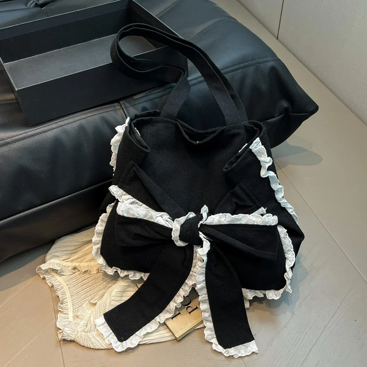 

Black Nylon Women Bag High-Capacity Casual Fashion Bow Shoulder Bag Handbag Korean Style Elegant Lady Bag Top Handle Tote