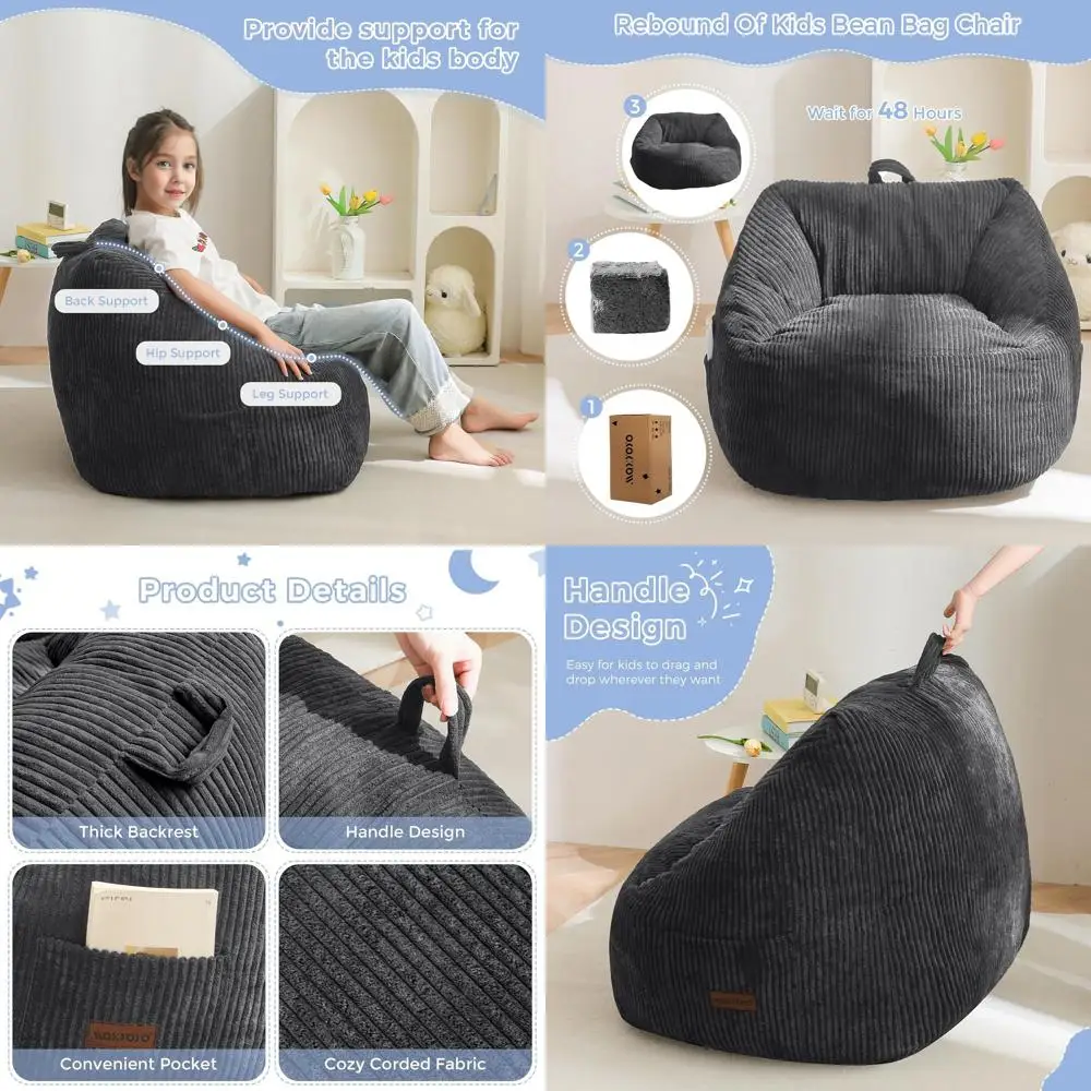 

Children's Bean Bag Sofa with Carry Handle, Cozy Seat for Kids, Pocket-Featured Gaming and Reading Chair in Dark Grey