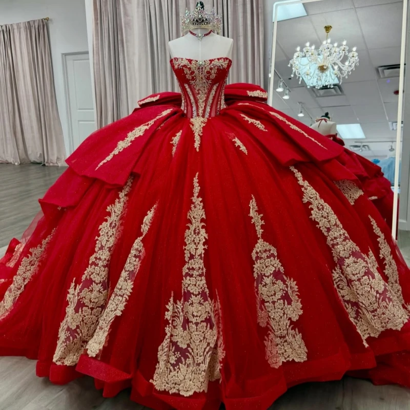 

Red Ball Gown Quinceanera Dresses Gold Applique Lace Beading Crystal Tiered Tull Corset Off The Shoulder Sweet 16 Dress vestidos