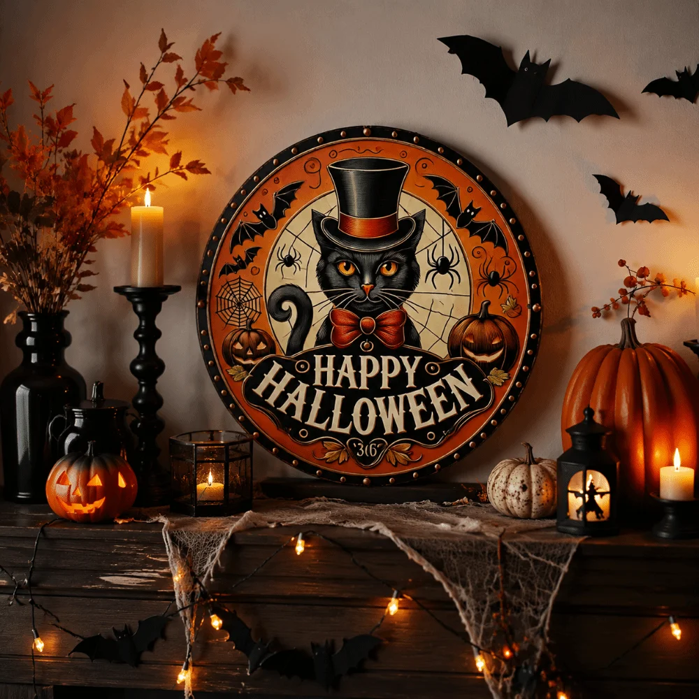 Wooden Halloween Door Decorations Ghost Pumpkin Cat Witch Porch Decor 2D Flat Round Shape Wall Decoration Indoor Atmosphere