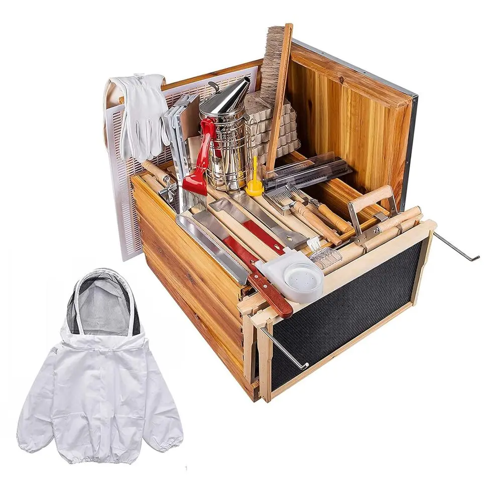 10-Frame Bee Hive Kit with 24-Piece Beekeeping Tools, Wax-Coated and Painted Hive Boxes, Professional Starter Equipment