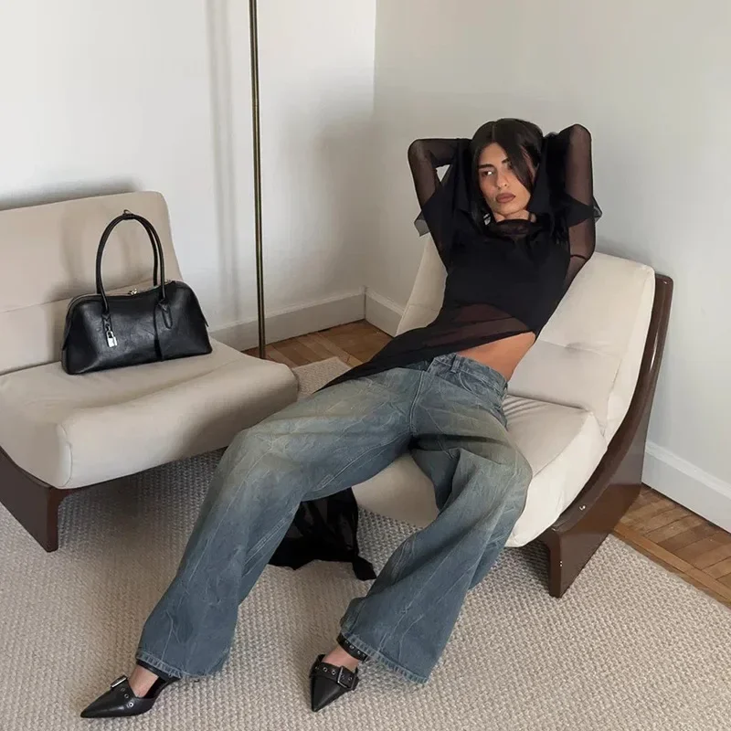 DSMTRC femmes voir à travers col rond pull taille haute Robes maille épissure manches évasées robe irrégulière dame élégante mince Robes