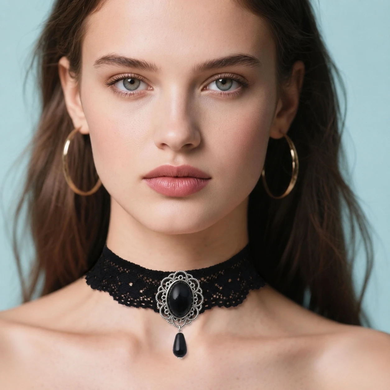 Gothic Black Lace Choker Necklace Vintage Oval Black Stone Teardrop Pendant Choker Women Victorian Party Neck Jewelry