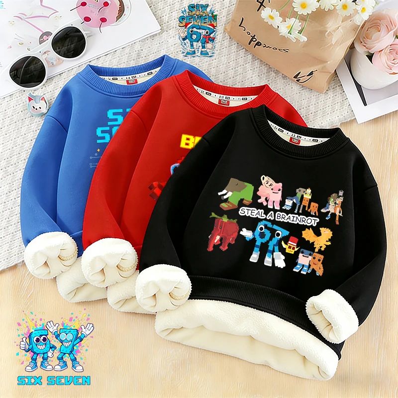

Steal A Brainrot Kids Thicken Fleece-lined Streetwear Shirt Boys Cute Anime Autumn Spring Warm Pullover Clothes Party Games Gift