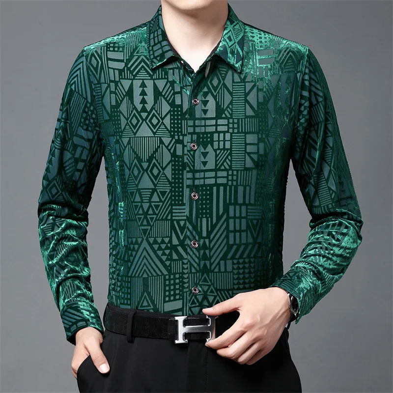 Fall Velvet Shirt Club Party Chemise Homme Geometric Pattern Print Long Sleeve Slim Fit SexyTransparent Shirt Men Camisa Hombre