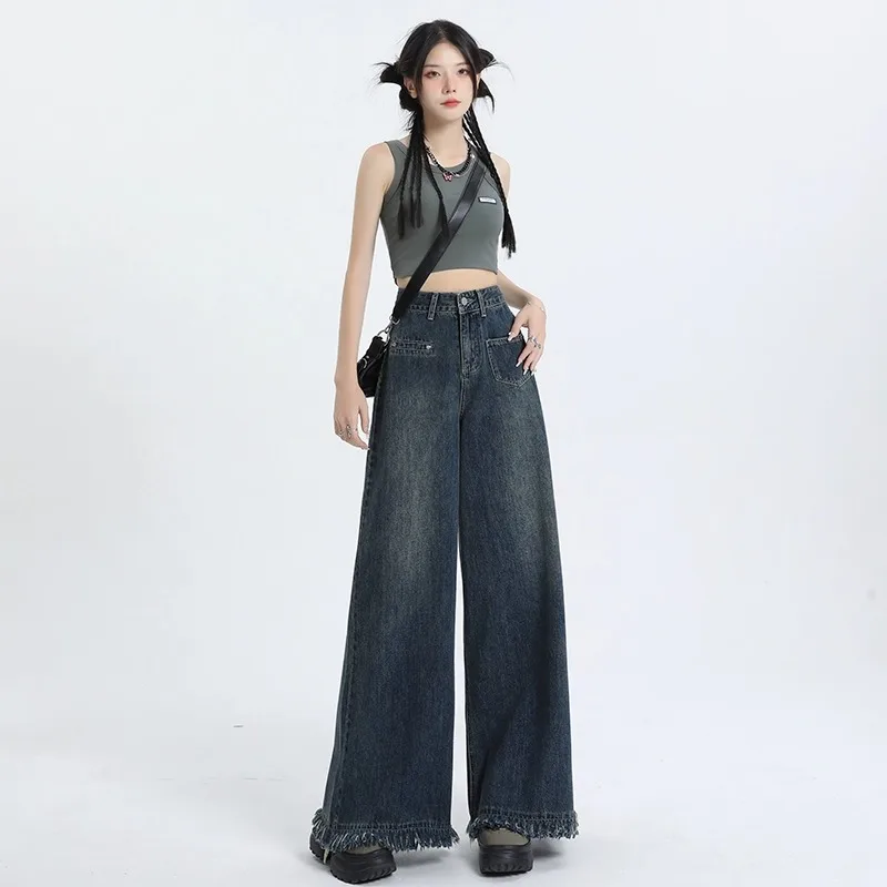 American Retro Frayed Hem Wide Leg Jeans Women's High Waist Loose Slimming Trousers Autumn Winter Long Pants Deep Color