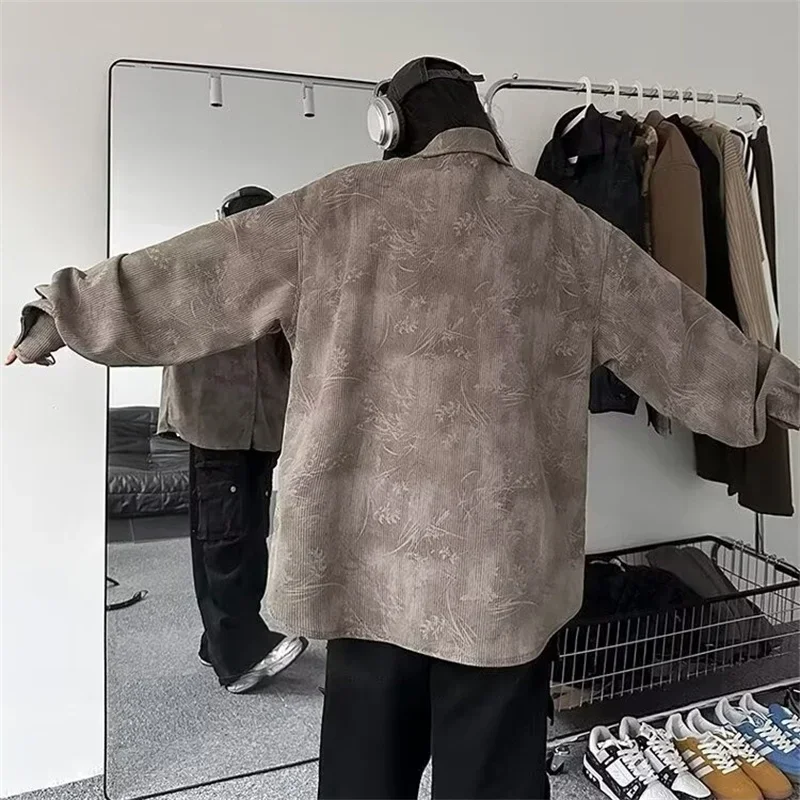 Camisas de manga larga de pana Jacquard para hombre, camisa estampada informal Vintage 2025, Y2K, moda Hip Hop, camisa masculina con botones, primavera