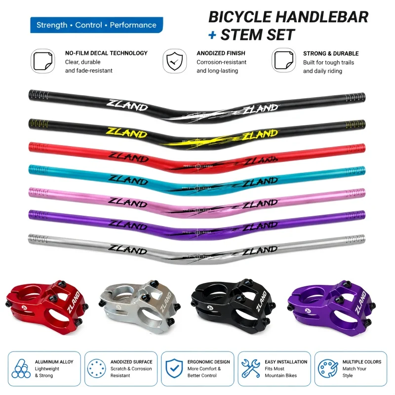 Bicycle Handlebar + Stem Set, Mountain Bike Handlebar 25mm Rise, 780mm, Downhill and Off-Road Bike Handlebar, Ergonomic Design, Enhances Control and Comfort, Durable Structure, Uses Film-Free Labeling Process, Cool Appearance, Suitable for Mountain Bikes, Street Bikes, Dirt Bikes, Etc., Bicycle Accessories.