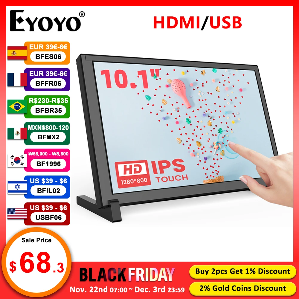 Eyoyo Monitor 10.1 inch Capacitive Touchscreen Portable 1280x800 IPS Display For Raspberry Pi Plug And Play Compatible Win 8/10