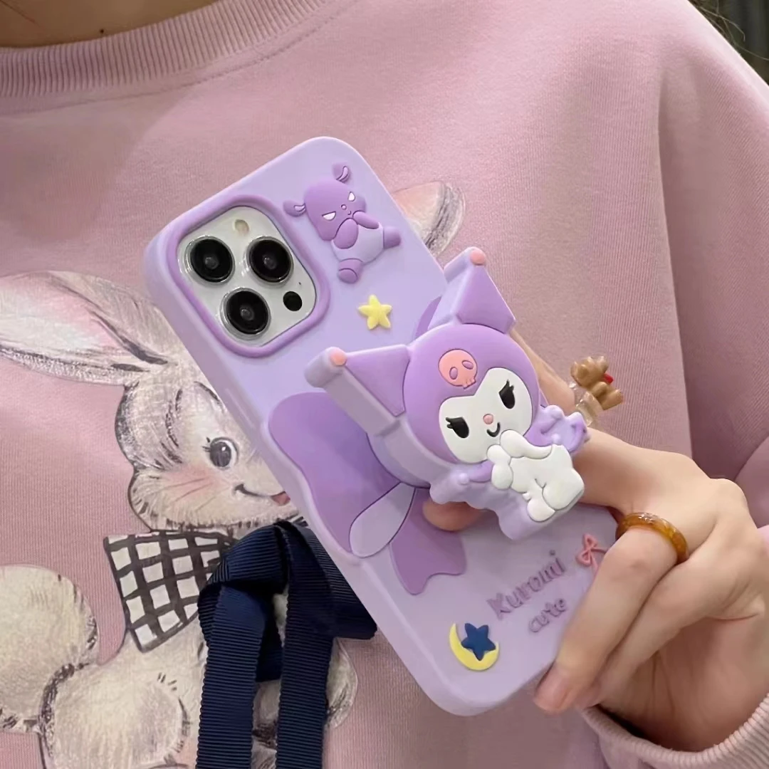 Simpatico cartone animato anime Kuromi supporto pieghevole anti goccia adatto per iPhone 12 13 14 15 Pro Max 11 confezione completa custodia in silicone di fascia alta