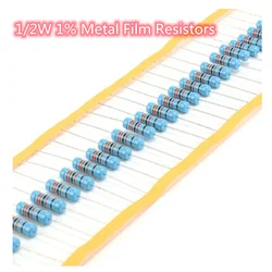 Resistencias de película metálica de alta precisión, 100 piezas, 1/2 W, 1%, 1ohm - 1M ohm, 1/2 vatios, 0,5 W, resistencia fija MF, 1K, 10K, 47K, 100K, 4R7, 2K2, 2R2