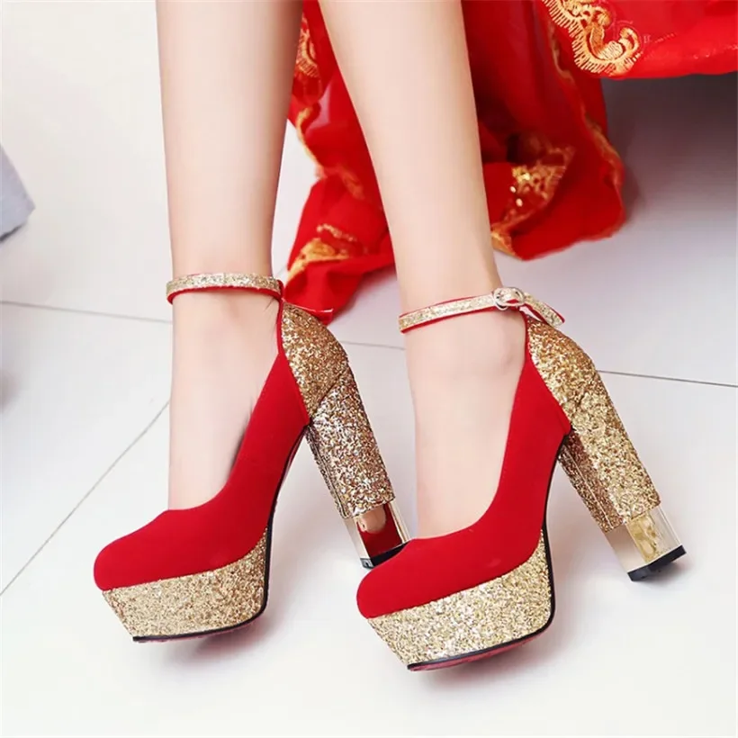 Silver Wedding Bridesmaid Women Platform Pumps High Chunky Block Heels Gold PU Sequined Cloth Party Ankle Strap Red Ladies Shoes