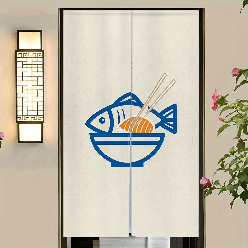 Sushi fish door curtain playful Japanese design fish, chopsticks and bowl pattern for kitchen, restaurant or tea room decoration