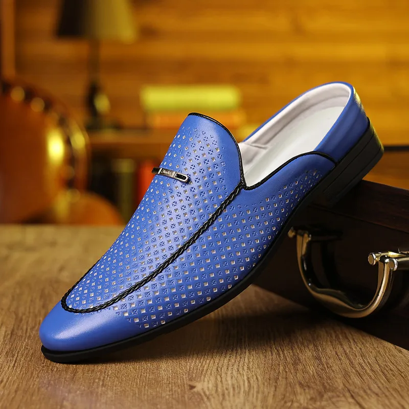 New Fashion Hallow Casual Leather Half Slippers for Men Summer Autumn Designer Mules Male Big Size Solid Color Dress Shoes Man