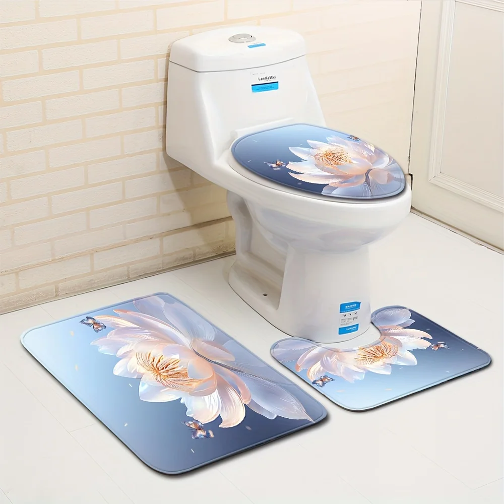 

Набор для ванной комнаты с цветами и бабочками из 3 предметов, полиэфирная ткань, можно стирать в машине, сиденье для унитаза, U-образный коврик, нескользящий коврик