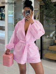 Elegant Sexy Deep V Lapel Loose One Pieces Rompers Playsuits Women Long Sleeve Pink Jumpsuit Shorts with Belt Office Lady New