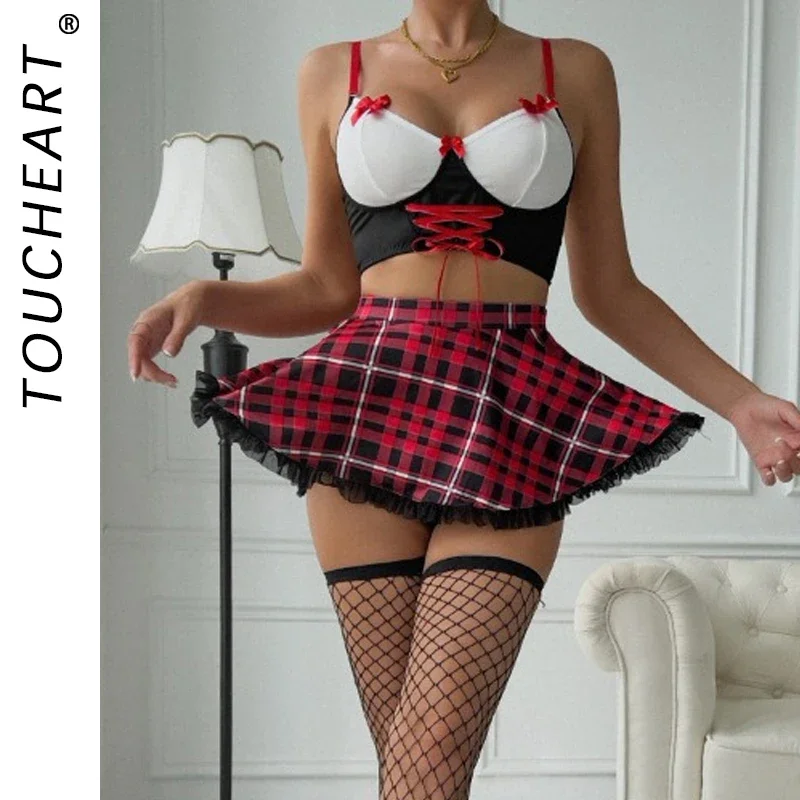 

Toucheart 4 Piece Set Sexy Lingerie Suit Bow Knot Contrast Color Fishnet Stockings Uniform Set For Women Lace Ruched Skirt Suit