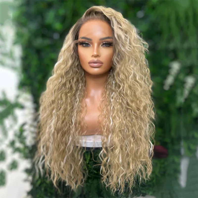 Curly Synthetic Lace Front Wigs For Women 30 inches Soft Roots Ombre Blonde Ginger Highlight Cosplay Wigs Heat Resistant Fibre