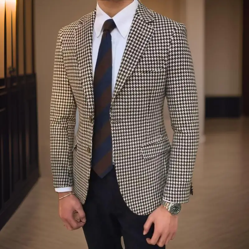 Houndstooth Suit Jacket for Men Wedding Tuxedo Blazer 1 Piece American Style Notch Style Check Plaid Fashion Suit 2024