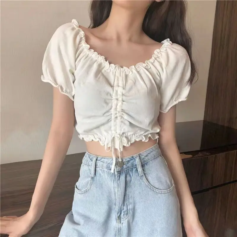 Fashion Blouses Woman Sexy Off Shoulder Crop Top Ruffles Shirt Puff Sleeve Harajuku Tee Shirt Chiffon Youth Elegant Blouse