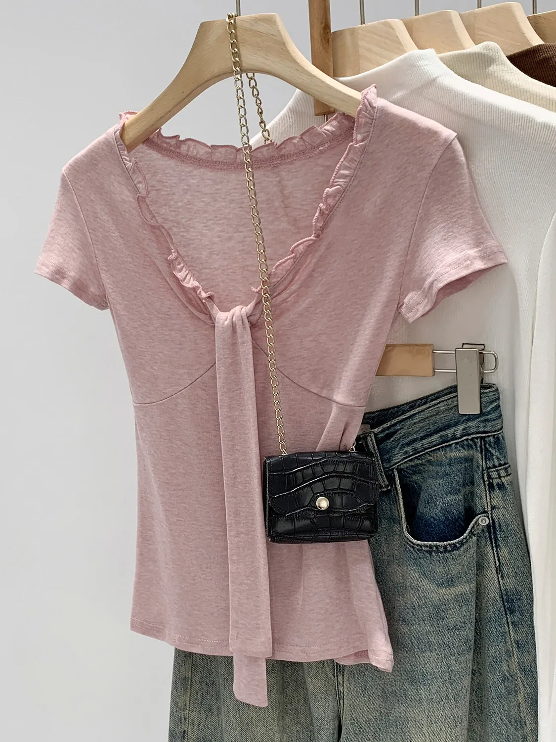 

Lace Trim Belted V-Neck Short Sleeve T-Shirt Women's Summer New Design Sensation Not Collision Top Korean Style Slim Fit City...