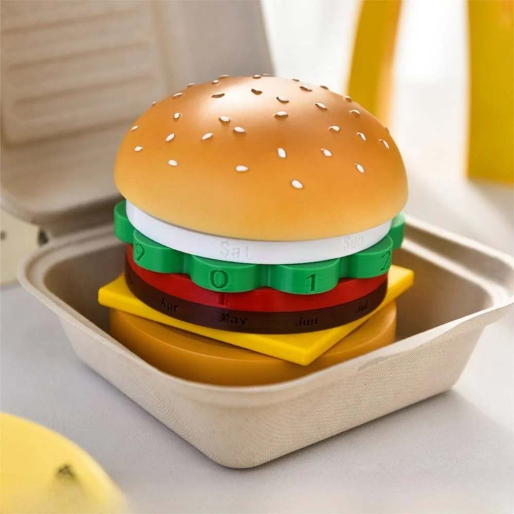 Creative Hamburger Perpetual Calendar Non-slip Bottom Reusable Rotating Desk Calendar Quiet Stable Fun Burger Table Ornament