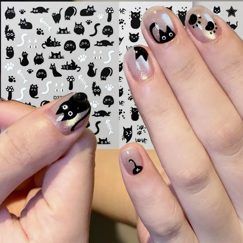 

3D-наклейки для ногтей «Черная кошка»: самоклеящиеся, милые граффити-слайдеры, с узорами в виде следов лап, бантиков, хвостов и звезд для декора ногтей