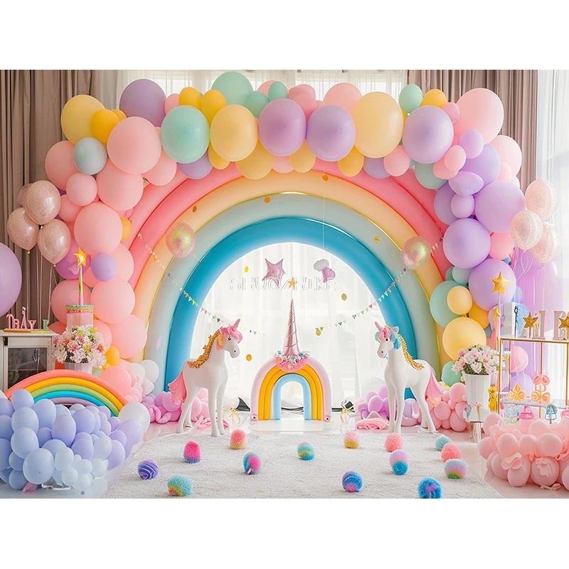 Rainbow Arch Balloons Unicorns Photography Backdrops Props Baby Newborn Birthday Party Decoration Background RA-04