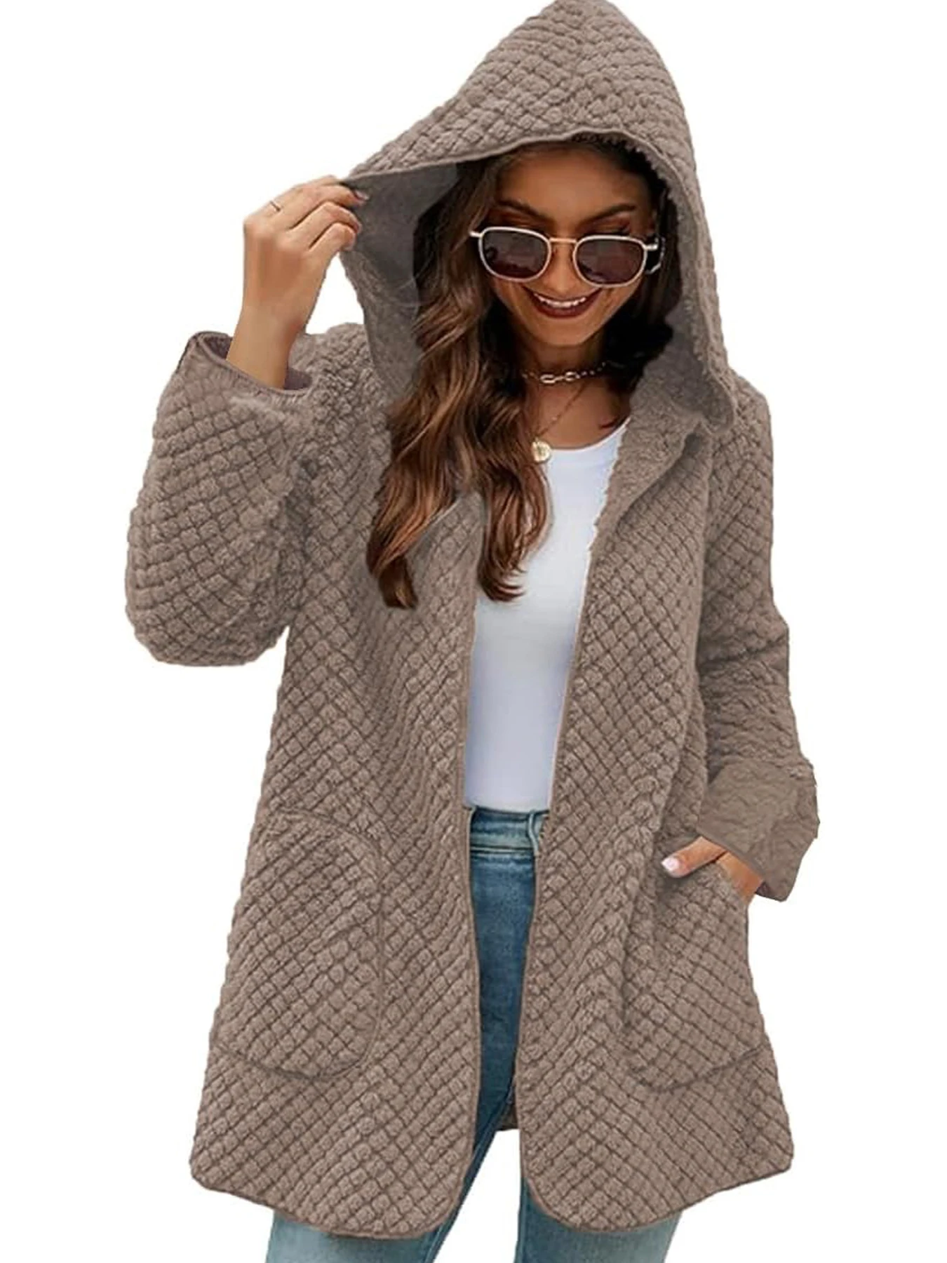 

Aamikast Autumn Winter Plus Size Women'S Plush Cardigan Hooded Jacket Casual Comfort Loose Solid Warm Coat With Pockets