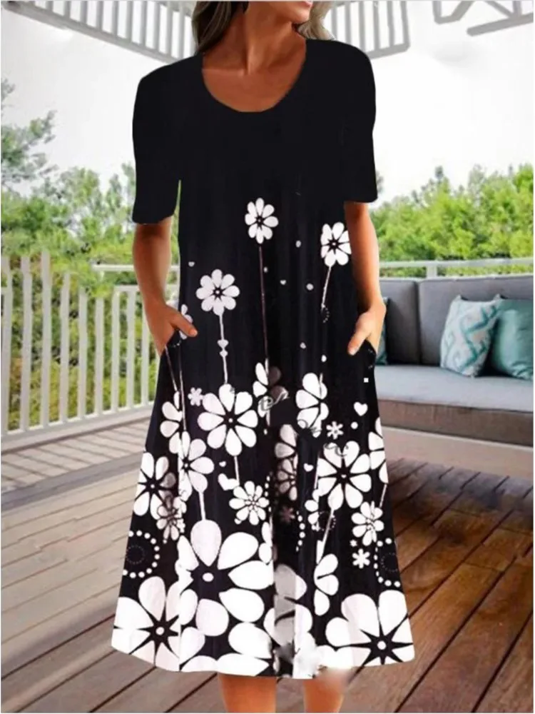 

Dresses Summer 2024 For Woman New Flower Printing Rouund Neck Pocket Short Sleeve Elegant Casual Loose Vintage Female's Vestidos