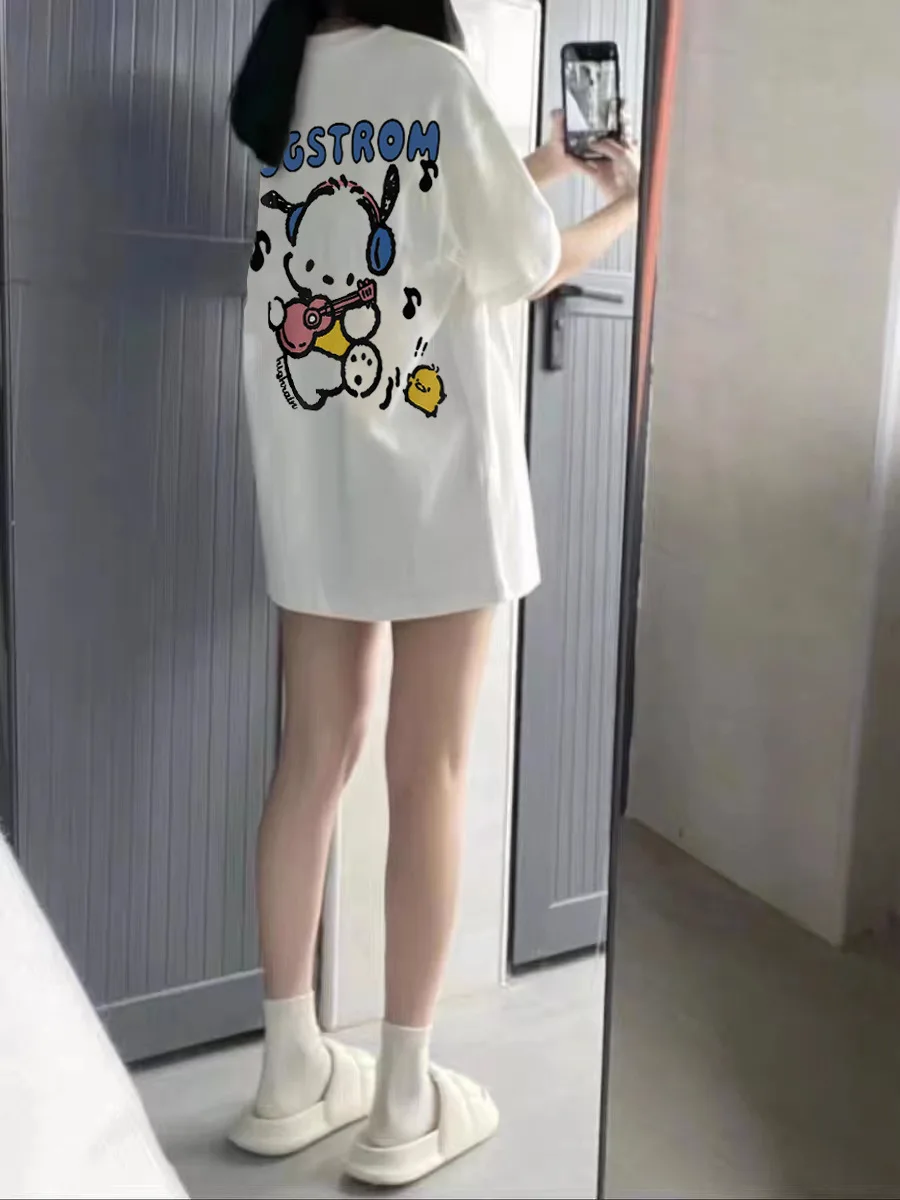 Sanrio Kawaii Pochacco 100% Cotton Short Sleeve T-Shirt Summer Cartoon Cute Pacha Dog Student Appear thin Versatile Half-Sleeve