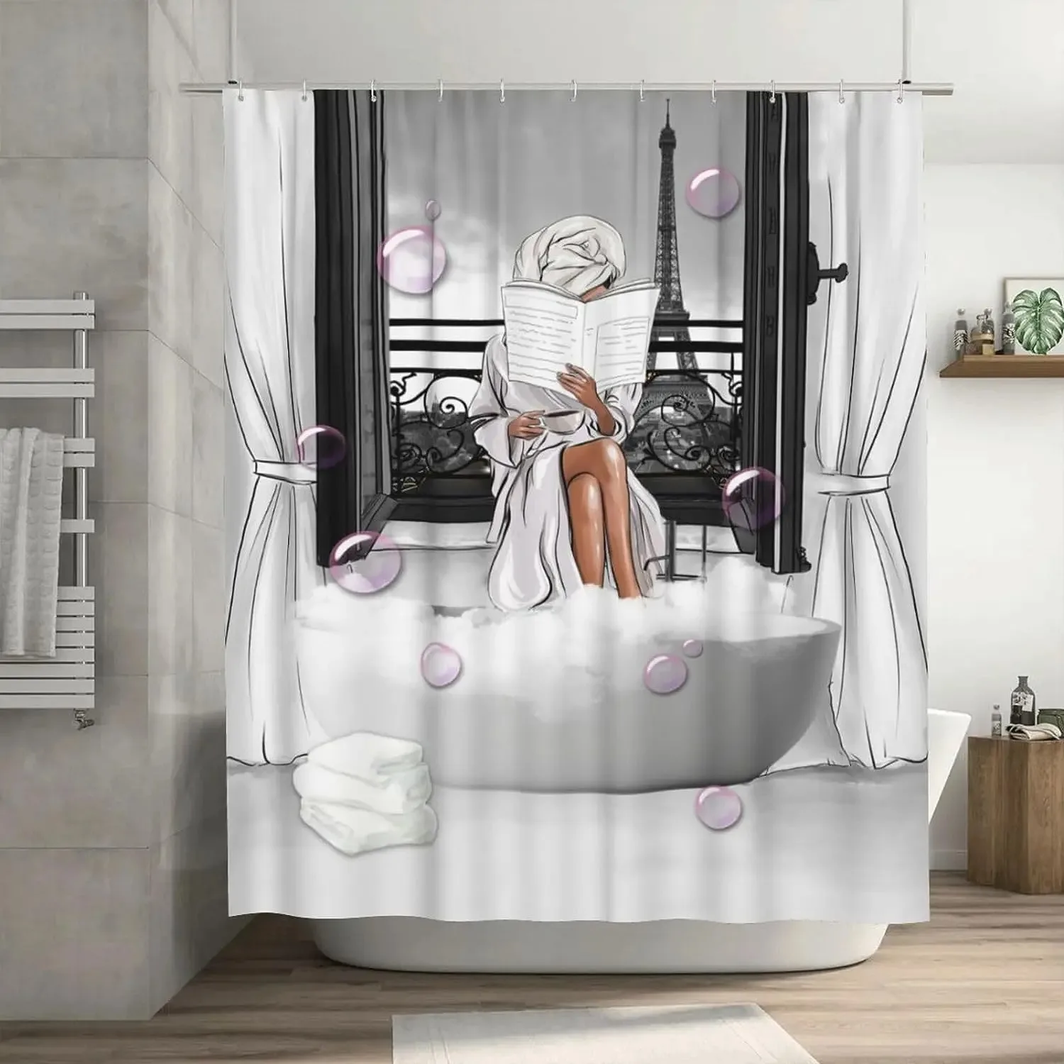 

Fashion Girls Shower Curtains Black and White Paris Tower Casual Bathing Woman Modern Polyester Fabric Bathroom Decor with Hooks