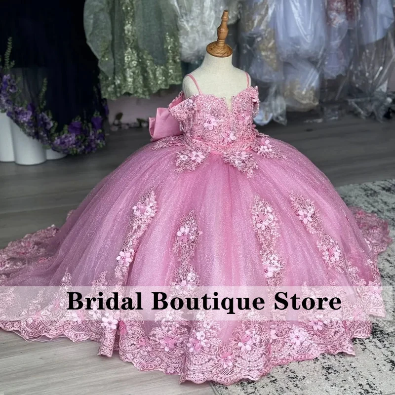 

Customized Pink Flower Girl Dress Floral Appliques Embroidery With Bow For Wedding Birthday Party Prom Evening Banquet Gown