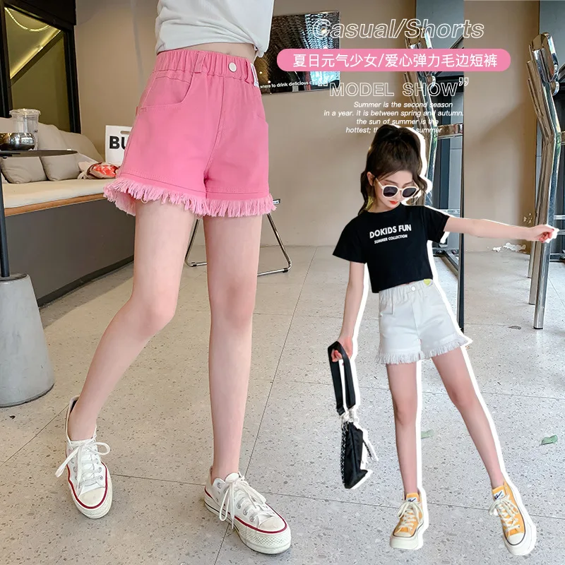 New Girls Frayed Denim Shorts, Tween Kids Summer Shorts, Perfect for Teens Children Suitable for Casual Vacations and Beach