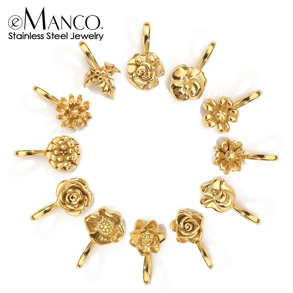 EManco Gold Color Stainless Steel Flower Charms Set Nature Style with Various Floral Elements for DIY Jewelry Making Daily Wear