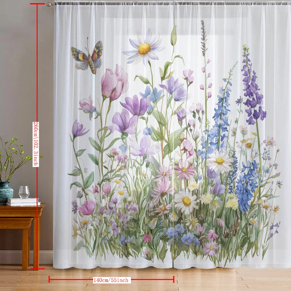 2PCS Home decoration flowers and small grass printed window screens with pole bags, suitable for kitchens, cafes, living room