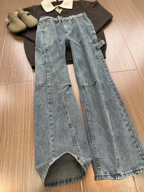 

Retro Patchwork Workwear Jeans Men's Spring New Design Worn Straight Loose Trousers Vintage Waed Cotton Casual Pants