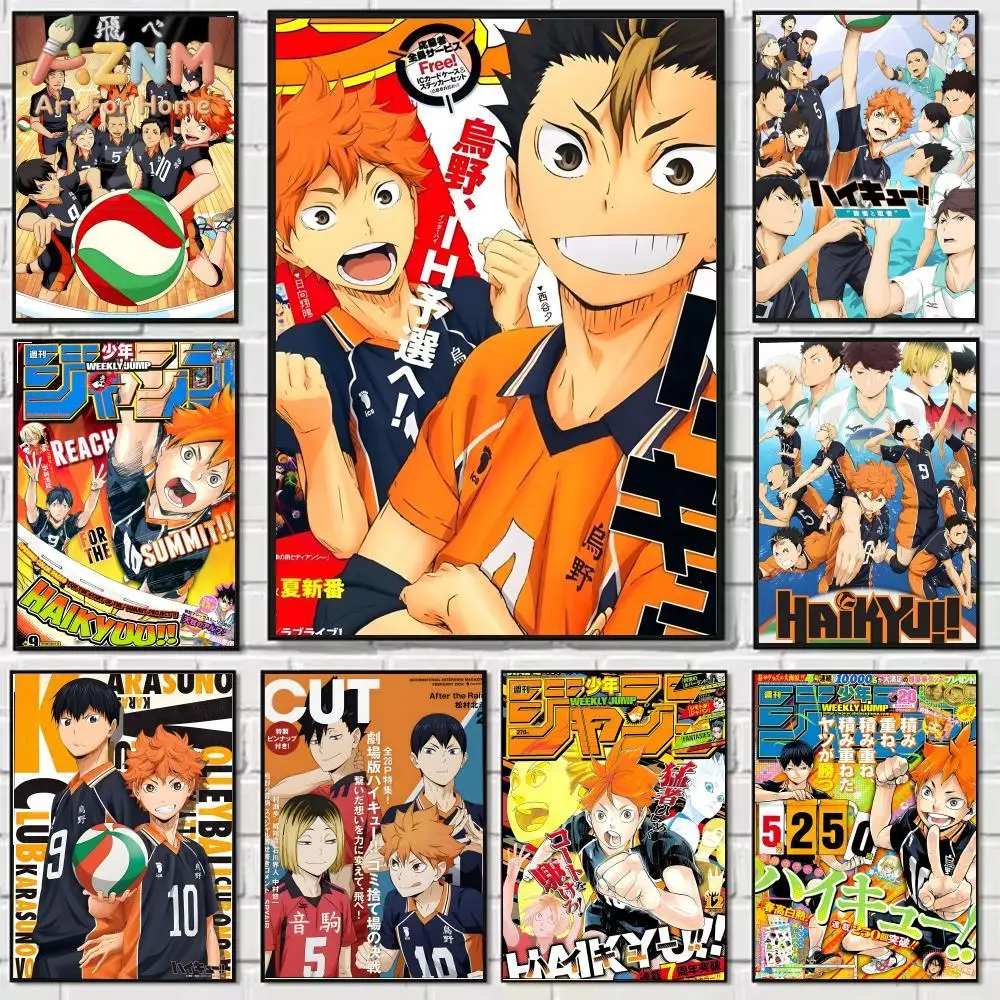 AZNM Haikyuu Anime Poster Volleyball Shoyo Hinata Tobio Kageyama Yu Nishinoya Manga Magazine Style Canvas Painting Wall Art Home