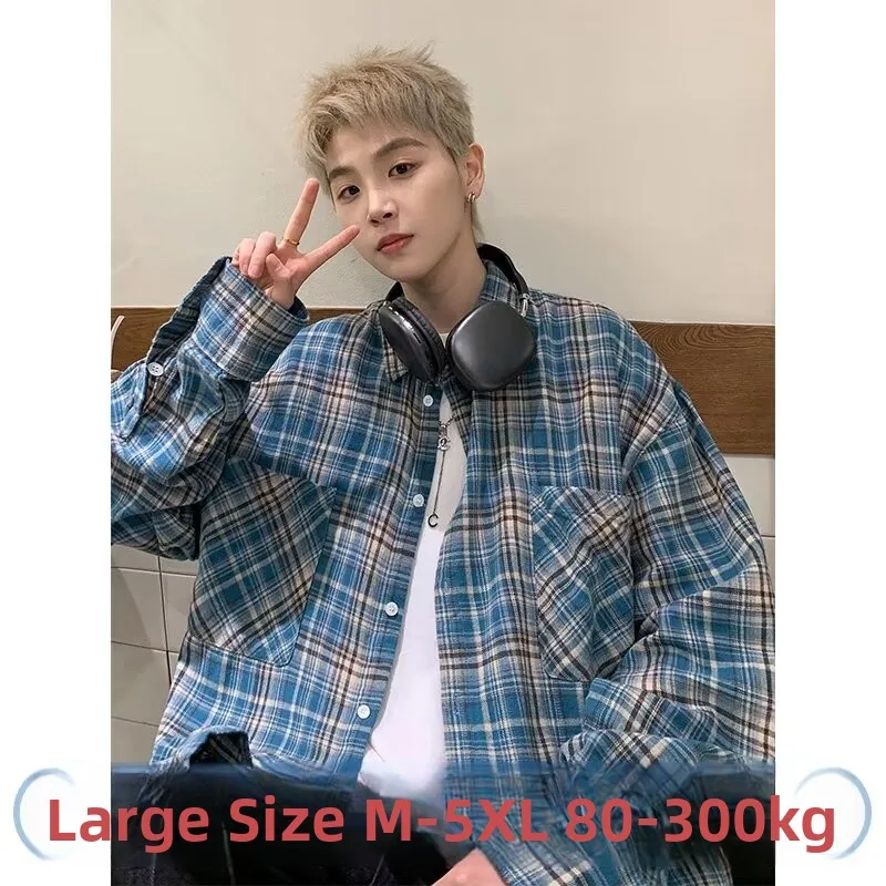 

Loose Fit Men's Plaid Long Sve irt Blue Large Size 250 Pou Vintage Sle Faionable Hong Kong Sle Japanese Sle