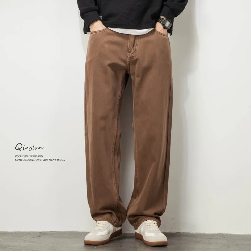 

Мужские джинсы свободного прямого кроя, коричневые, в американском ретро-стиле, повседневные брюки, модные, дышащие, удобные, для осени, весны и лета.