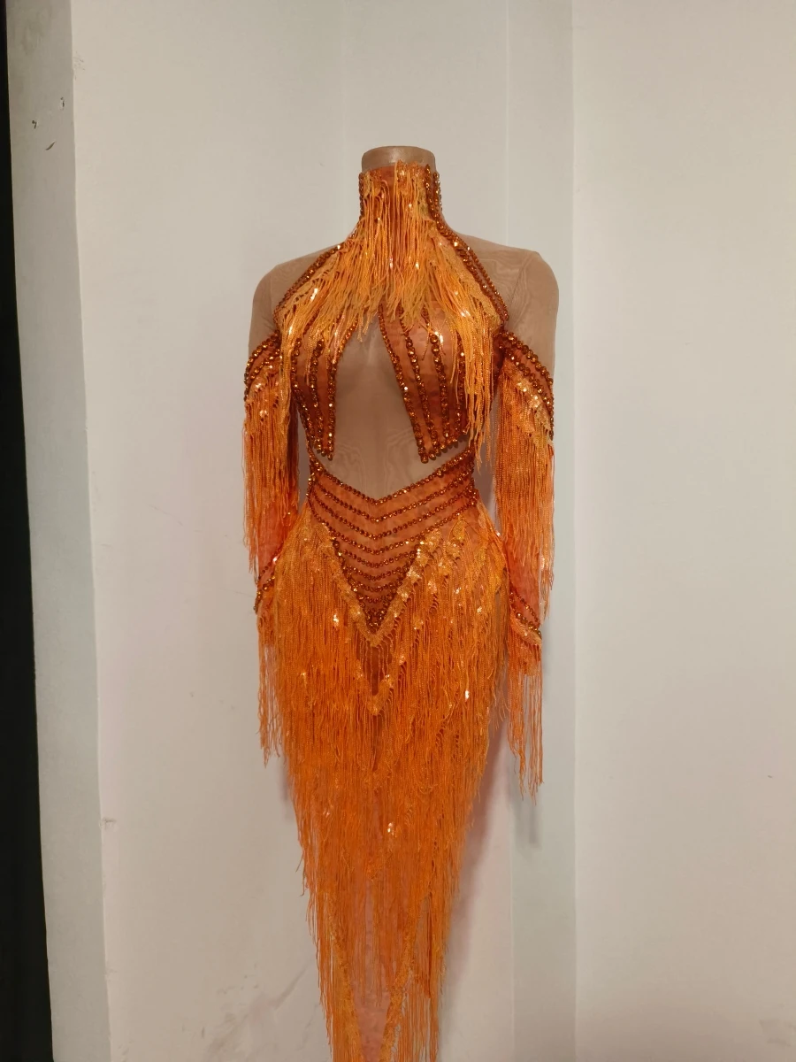 Sparkly Crystal Orange Fringe Tight Fitting Bodysuit Women Nightclub Party Dance Off Shoulder High Neck Show Bar Outfit Chengzi