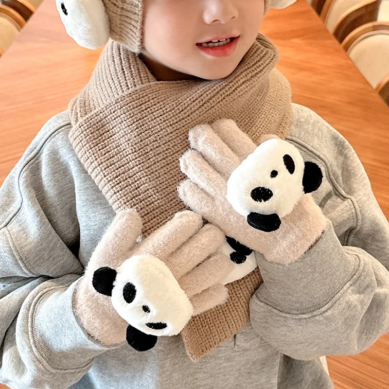 Child Gloves Panda Pattern Knitted Baby Gloves Winter Thicken Mittens Full Finger Mittens Infant Newborn Gloves for Kids 1-4Y